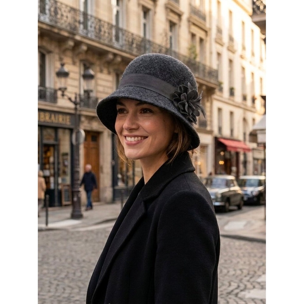 San Diego Hat Co Womens Charcoal Gray 100% Wool Cloche Hat Flower Detail OS‎